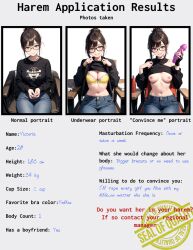 1girls ai_generated bare_breasts black_shirt bra brown_eyes brown_hair chignon dildo harem implied_harem interview jeans medium_breasts paper shirt_lift sitting smiling yellow_bra