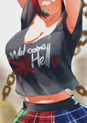 1girls 2d armpits big_breasts black_shirt blue_skirt breasts breasts_focus female green_skirt hands_up hecatia_lapislazuli multicolored_skirt open_mouth print_shirt red_hair red_hair red_skirt short_hair skirt source standing teruteru12 text_on_clothing touhou