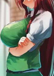 1girls 2d big_breasts blush braided_hair breasts breasts_focus female green_skirt green_vest hands_crossed hong_meiling long_hair open_mouth red_hair red_hair source standing teruteru12 touhou white_shirt