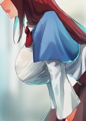 1girls 2d big_breasts blue_mantle blush breasts breasts_focus female hands_on_thighs leaning leaning_forward long_hair long_skirt open_mouth red_bowtie red_hair red_skirt singyoku singyoku_(female) smile source teruteru12 touhou touhou_(pc-98) white_shirt