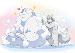 another_eidos_of_dragon_vein_r anthro bathing_together blush canid canine canis duo flaccid fur genitals grey_body grey_fur heart horn male male/male mammal nude patty_(anothereidos_r) penis size_difference takataka theodor_(anothereidos_r) toony washing_partner white_body white_fur wolf yeti