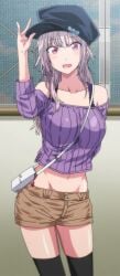 1girls anime_screencap belly breasts bunnywalker clothing hat hatsukoi_jikan ichinomiya_juri_(hatsukoi_jikan) looking_at_viewer medium_breasts midriff open_mouth ova purple_eyes screencap screenshot t-rex_(animation_studio) t-rex_(company) thighhighs thighs tummy