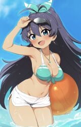 arm_up armpits ball beachball bikini bikini_top_only blue_eyes blue_hair blush bow breasts cleavage earrings female front-tie_bikini_top front-tie_top ganaha_hibiki goggles goggles_on_head green_bikini green_bow hair_between_eyes hair_ribbon hairbow holding hoop_earrings idolmaster idolmaster_(classic) jewelry large_breasts long_hair looking_at_viewer navel necklace oerba_yun_fang open_mouth partially_submerged ponytail ransusan ribbon short_shorts shorts sky solo standing stomach swimsuit tan very_long_hair wading wet white_shorts