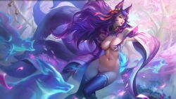 9_tails ahri ai_generated alternate_costume alternate_hair_color alternate_hairstyle animal_ear_fluff animal_ears animal_girl areolae bangs bell belly big_breasts blue_eyes breasts child_bearing_hips choker cleavage clothing curvaceous curves curvy curvy_body curvy_female curvy_figure curvy_hips edit edited edited_official_artwork exposed_pussy exposed_vagina eyelashes eyeliner eyeshadow facial_markings female fluffy fluffy_ears fluffy_tail fluffy_tails fox fox_ears fox_girl fox_tail furry_tail hair_ornament hair_ribbon hips hourglass_figure humanoid inner_ear_fluff japanese_clothes kemonomimi kimono kitsune large_breasts league_of_legends light-skinned_female light_skin long_hair multiple_tails navel nine_tailed_fox nipples pale-skinned_female pale_skin purple_hair pussy riot_games robe spirit_blossom_ahri spirit_blossom_series tail thick_thighs thighs vastaya video_games wide_hips