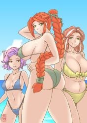 3girls ass beach beauty_mark big_breasts bikini bikini_bottom bikini_top breast_envy breast_size_difference breasts cassandra_(stepyon) cassie_(paladins) cat_ears envy female female_only giant_breasts green_eyes hi-rez_studios kemonomimi light-skinned_female light_skin maeve_(paladins) medium_breasts milf nekomimi original_character outside paladins pink_hair red_hair stepyon swimsuit thick_thighs