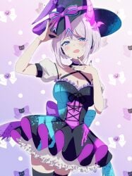 big_breasts embarrassed indie_virtual_youtuber motherv3 skirt skirt_suit tights virtual_youtuber vtuber white_hair witch witch_costume witch_hat withc_hat