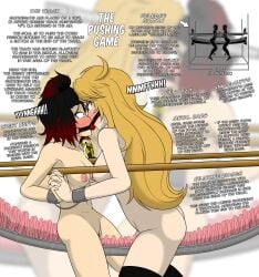 2girls absurdres ball_gag blonde_hair blush bondage bound bound_together breasts cuffs english_text female female_only femsub forced_incest forced_orgasm forced_partners forced_yuri gag gagged_together highres incest masturbation multiple_girls multiple_subs nipples nude predicament_bondage pshyzo ruby_rose rwby shared_gag sisters text thighhighs two-tone_hair uncensored vagina wall_of_text wrist_cuffs yang_xiao_long yuri