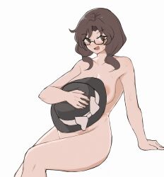 1girls 2d alternate_version_available bare_shoulders breasts brown_eyes brown_hair covering embarassed female glasses hat hips mata_(matasoup) nude open_mouth short_hair shy sitting smile source sumireko_usami sweat thighs tied_hair touhou visible_areolae white_background