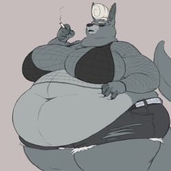 1:1 anthro aurele_(blueryker) belly big_belly big_breasts black_sclera blueryker breasts canid canine canis cigarette cleavage clothed clothing female fishnet fishnet_clothing fishnet_topwear hair hi_res huge_breasts jackal mammal mature_anthro mature_female obese overweight overweight_anthro overweight_female skimpy solo thick_thighs topwear white_hair wide_hips