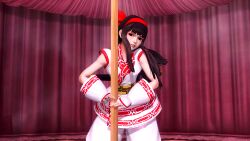 1girls 3d ainu_clothes black_hair breasts fingerless_gloves grey_eyes hair_ribbon hi_res king_of_fighters king_of_fighters_xiv legs long_hair nakoruru pants parted_lips pole pole_dancing samurai_shodown seductive seductive_smile small_breasts smile thighs