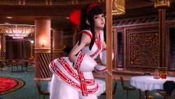 1girls 3d ainu_clothes black_hair breasts fingerless_gloves grey_eyes hair_ribbon hi_res king_of_fighters king_of_fighters_xiv leaning_forward legs long_hair nakoruru pants parted_lips pole pole_dancing samurai_shodown seductive seductive_smile small_breasts smile thighs