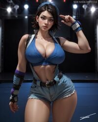 1girls ai_generated asian asian_female bare_shoulders big_breasts breasts cleavage female highres huge_breasts jewelry kazama_asuka large_breasts light-skinned_female light_skin looking_at_viewer namco navel patreon_username shorts tekken tekken_5 thick_thighs zaloran