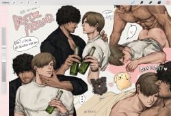 2boys absurdres alcohol anal ass bara black_hair black_shirt bottle brown_hair carlos_oliveira character_name chbai_s chbais chest_hair closed_mouth collared_shirt completely_nude english_text gay highres holding holding_bottle large_pectorals leon_s._kennedy leon_scott_kennedy looking_at_another lying lying_on_person male_focus multiple_boys muscular muscular_male nude pectorals resident_evil resident_evil_3 resident_evil_3_remake resident_evil_4 resident_evil_4_remake sex sex_from_behind shirt short_hair sleeping smile white_shirt yaoi
