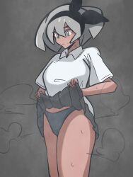 bandana bea_(pokemon) creatures_(company) dark-skinned_female exposed_legs exposed_panties female game_freak grey_hair musk musk_clouds nintendo onsen380 panties pokemon school_uniform shirt skirt skirt_lift sweat