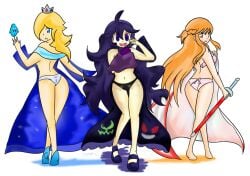 2016 3girls ass back back_view barefoot black_panties blonde_hair blue_eyes blush bra cape clothed clothing crossover crown dress female female_only game_freak heels hex_maniac light-skinned_female light_skin long_hair luma mario_(series) navel nintendo orange_eyes orange_hair panties partially_clothed partially_nude pink_panties pokemon pokemon_xy princess_rosalina purple_eyes purple_hair shoes super_mario_galaxy sword sword_art_online topless topless_female transparent_background white_panties xero-j yuuki_asuna