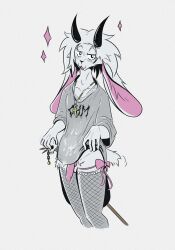 absurd_res anthro baggy_clothing bodily_fluids bone bow_ribbon chains clothed clothing clothing_lift cross cum cum_on_clothing ears_down fishnet fishnet_legwear fur genital_fluids genitals hair hi_res horn jewelry kifyun2 lagomorph legwear leporid looking_at_viewer male mammal messy_hair necklace no_underwear open_mouth penis pivoted_ears precum rabbit simple_background simple_coloring simple_eyes skull solo staff standing text text_on_clothing white_body white_fur