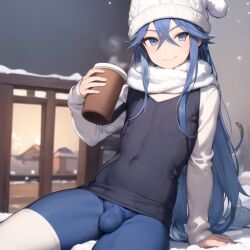 1boy ai_generated blue_eyes blue_hair coffee crossdressing femboy knit_cap long_hair penis_bulge scarf snow sweater trap winter yoga_pants