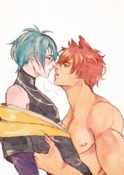 aphelios big_breasts couple couple_(romantic) gay heartsteel_aphelios heartsteel_series heartsteel_sett kissing league_of_legends red_hair sett yaoi