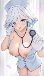 :d absurdres ahoge alternate_breast_size alternate_costume bare_shoulders blue_eyes blue_hair blush breasts breasts_out cleavage collarbone commentary cowlick female furina_(genshin_impact) genshin_impact gloves hat highres holding_stethoscope large_breasts looking_at_viewer mismatched_pupils multicolored_hair nipples nurse nurse_cap open_mouth pov ronnie_z shirt skindentation smile solo stethoscope streaked_hair thighhighs thighs wavy_hair white_gloves white_hair white_headwear white_shirt white_thighhighs