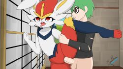 absurd_res ahe_gao anthro cinderace duo eyewear female generation_8_pokemon glasses green_hair hair hi_res human humanoid interspecies looking_pleasured male male/female mammal nintendo pokemon pokemon_(species) pokephilia trainer whygenamoon