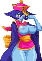 1girls 2014 alternate_version_available big_breasts blue_hair blue_nipples blue_skin blush boob_window bottomless breasts brown_eyes capcom chinese_clothes clothing darkstalkers female female_only hat hourglass_figure hsien_ko jiangshi large_breasts lei-lei lei_lei nipples partially_clothed pixel_art pussy solo solo_female transparent_background warnerc