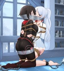 2girls arms_behind_back bondage chained chained_ankles clothed crotch_rope dankestofdans multiple_girls rope_bondage ruby_rose rwby shared_gag shibari_over_clothes tape_bondage taped_together vibrator_taped_to_leg vibrator_under_clothes weiss_schnee