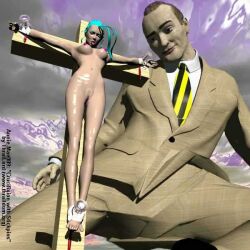 1990s 1999 20th_century 3d annie-mae_(thrallord) blue_hair crucifixion naked pins shrunken_woman thrallord torture