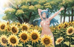 1girls ai_generated aqua_(konosuba) breast breasts closed_eyes female female_only kono_subarashii_sekai_ni_shukufuku_wo! nipples nude outdoors self_upload solo sunflowers