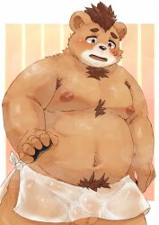 10_cosmo_24 2023 anthro balls bear belly brown_body brown_fur fur genitals hi_res humanoid_hands kemono male mammal moobs navel nipples oosumi_(tamacolle) overweight overweight_male penis simple_background solo tamacolle towel young