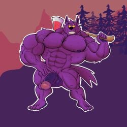 anthro axe balls bara barazoku bernard_(ok_k.o.!_lbh) big_muscles deadlyrabitt flaccid furry male male_only muscles muscular nude ok_k.o.!_let's_be_heroes penis purple_fur solo solo_male werewolf wolf