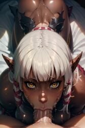 ai_generated bangs big_ass big_breasts big_penis blowjob blowjob_face breasts cum cum_in_mouth dark-skinned_female dark_elf dark_skin deepthroat elf elf_ears elf_female evelyn_celebrian eye_contact face_fucking facefuck hime_cut interracial looking_at_viewer master nemz portrait pov pov_blowjob pov_crotch pov_eye_contact saliva slave stable_diffusion sweat sweatdrop sweating white_hair yellow_eyes youkoso!_sukebe_elf_no_mori_e