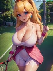 1girls ai_generated blonde_hair blue_eyes breasts breasts_bigger_than_head female hi_res hips huge_breasts long_hair mario_(series) mario_tennis nintendo outdoors panda_ai princess_peach sportswear stable_diffusion tennis_outfit tennis_uniform thick_thighs thighs wide_hips