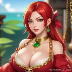 ai_generated amber_eyes bare_shoulders big_breasts breasts chains cleavage collar earrings emerald emerald_(gem) gold_jewelry jewelry lipstick makeup orange_eyes pirate red_hair red_lipstick solo_female solo_focus tits