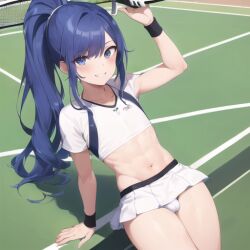 1boy ai_generated blue_eyes blue_hair bulge crossdressing femboy long_hair panties penis_bulge ponytail skirt smile tennis_court tennis_uniform trap