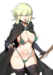 1girls absurd_res bikini blonde_hair blunt_bangs boots breasts cloak female female_only hair_over_eyes heemin hi_res highres hooded_cloak micro_bikini mint_(no_man's_land) navel no_man's_land pointy_ears short_hair sidelocks simple_background staff swimsuit thigh_boots white_background