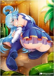 1girls ai_generated aqua_(konosuba) ass blue_eyes blue_hair blue_thigh_boots blue_vest detached_sleeves edit female female_only hair_between_eyes hair_ornament kono_subarashii_sekai_ni_shukufuku_wo! looking_back solo stable_diffusion upskirt