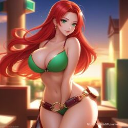 ai_generated bare_shoulders belt big_breasts bikini curvy earrings gold_jewelry green_bikini green_eyes hand_in_panties long_hair red_hair smile sunset wide_hips windy