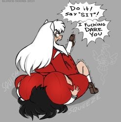 angry big_ass black_hair dog_boy dog_ears facesitting facesitting_through_clothes half_demon inuyasha inuyasha_(character) kagome_higurashi kimono kloseddoors maledom soul_leaving white_hair yellow_eyes yokai