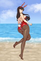 1girls amagi_yukiko ass atlus beach big_ass black_hair bunny_girl bunnysuit female huge_ass looking_at_viewer looking_back persona persona_4 sega tagme xelaroseart