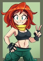 breasts commission crop_top gloves green_eyes hand_on_hip looking_at_viewer orange_hair original_character pants peace_sign peargor scarf smile tagme