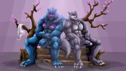 abs anthro balls bear big_penis blue_body canid canine canis cherry_blossom clothing duo genitals grey_body hi_res humanoid male male/male mammal muscular muscular_anthro muscular_male nude nude_anthro nude_male penis plant presenting sitting underwear were werecanid werecanine wereursid werewolf wolf