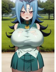 ai_generated blue_hair blush eroeroai female huge_breasts kamishiro_rio long_hair looking_at_viewer looking_forward red_eyes rio_kamishiro school_uniform skirt solo voluptuous voluptuous_female yu-gi-oh! yu-gi-oh!_zexal