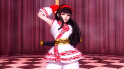 1girls 3d ainu_clothes arm_behind_head armpits black_hair breasts fingerless_gloves grey_eyes hair_ribbon hi_res king_of_fighters king_of_fighters_xiv legs long_hair nakoruru pants parted_lips pole pole_dancing samurai_shodown seductive seductive_smile sensual small_breasts smile thighs