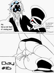 1boy 1boy1girl 1girls 2023 ass balls before_and_after blazerona clothed clothed_sex comic comic_page comic_panel cum cum_in_pussy cum_inside duo english english_text female hat jiangshi junko_(blazerona) light_blue_eyes male male/female mating_press murder_drones near_monochrome original_character original_characters penis red_eyes robot robot_boy robot_girl robot_humanoid self_upload sex short_hair shortstack size_difference speech_bubble suit suit_and_tie text text_bubble