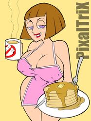 1girls apron bob_cut breasts brown_hair busty cleavage clothes coffee danny_phantom drink erect_nipples female female_only food fork ghostbusters half-closed_eyes human knife lipstick looking_at_viewer madeline_fenton milf naked_apron nipples pancake pixaltrix pointy_chin purple_eyes red_lipstick seductive short_hair smile solo standing voluptuous wide_hips