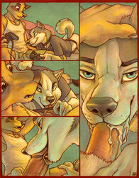 blue_eyes blush bulge canine chest_tuft collar comic controller cum cum_in_mouth ear_tufts fellatio furry gay hands_behind_head husky male no_humans oral oral_sex pants_pull playstation sex sofa ssirrus wolf