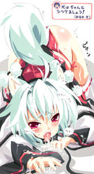 after_sex ahoge all_fours animal_ear blush cum cum_in_mouth cum_on_hair cumdrip facial marinon momiji_inubashiri pink_eyes short_hair solo tail tongue touhou white_hair wolf_ear wolf_tail