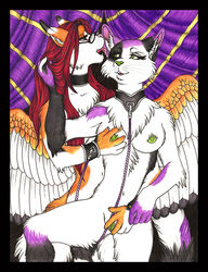 anthro breasts eye_contact feline female fur furry glasses green_eyes hair hybrid licking long_hair looking_at_another luthiennightwolf nude pussy red_hair tongue wings yuri