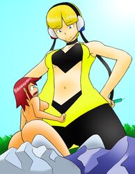 2girls ass breasts clothes color day elek-tronikz elesa_(pokemon) female female_only human human_only multiple_females multiple_girls nipples nude outdoors pantyhose pokemon size_difference skyla_(pokemon) tagme yuri