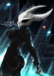 1girls anthro ass black_body black_skin bluewolfartista breasts detailed_background dialogue english_text female female_focus female_only hollow_knight hornet_(hollow_knight) horns insects nipples rain solo solo_female text weapon